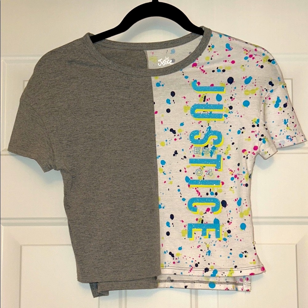 Justice Kids' Girls Splatter
T-Shirt SM Gray White Sparkle Colorful Casual